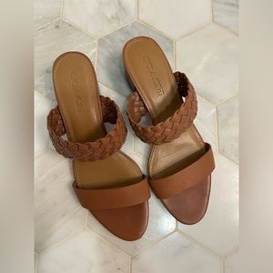 COACH woven block heel sandal - beige/tan/cognac - size 8.5